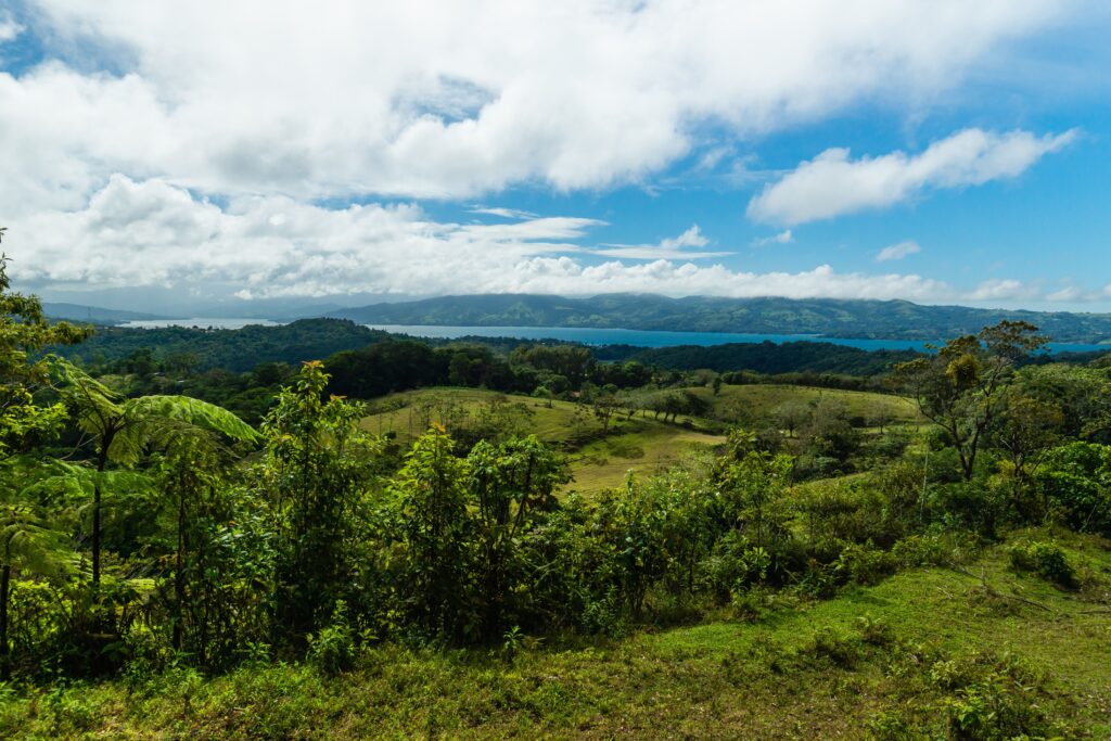 Breathtaking landscape of lush green hills with a serene lake under a vibrant blue sky.